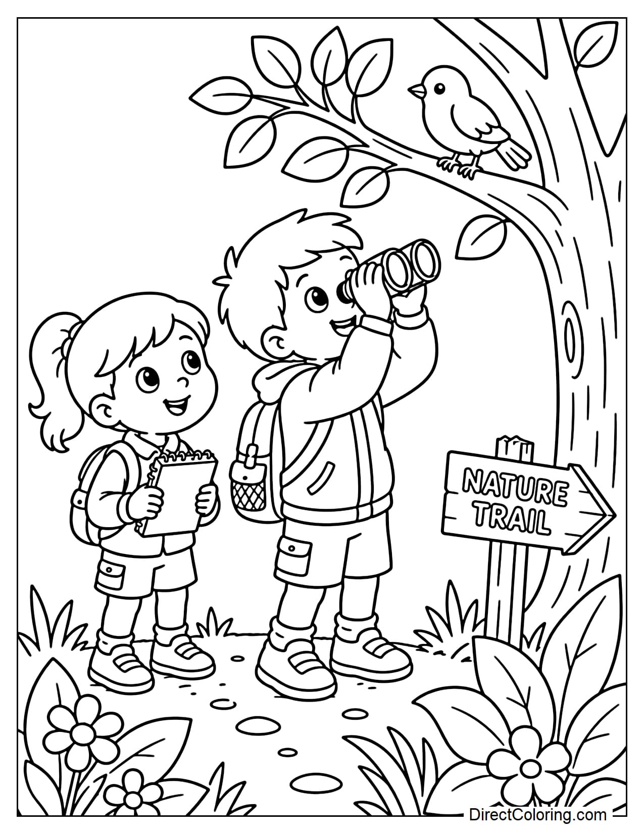 A boy observes a bird perched on a branch through binoculars, while a girl holds a small notebook beside him. Large leaves, flowers, and a trail sign are scattered around.