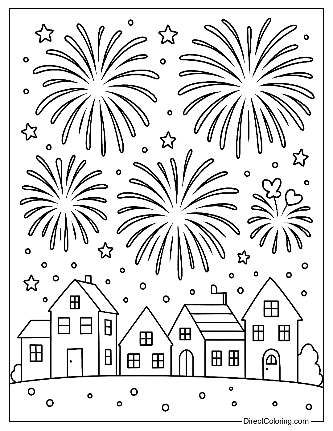 Coloring page of a sky lit with fireworks over a small town with a few cute roofs.