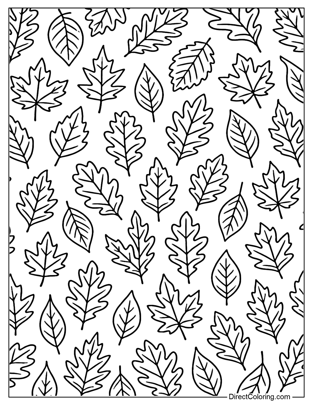 A coloring page of repeating patterns of many different types of leaves.