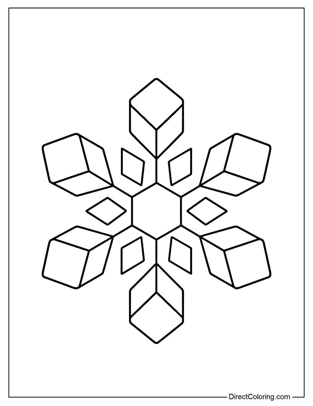 A coloring page of a geometric snowflake with a hexagonal core in the center, 6 large petals, and a large geometric cavity.