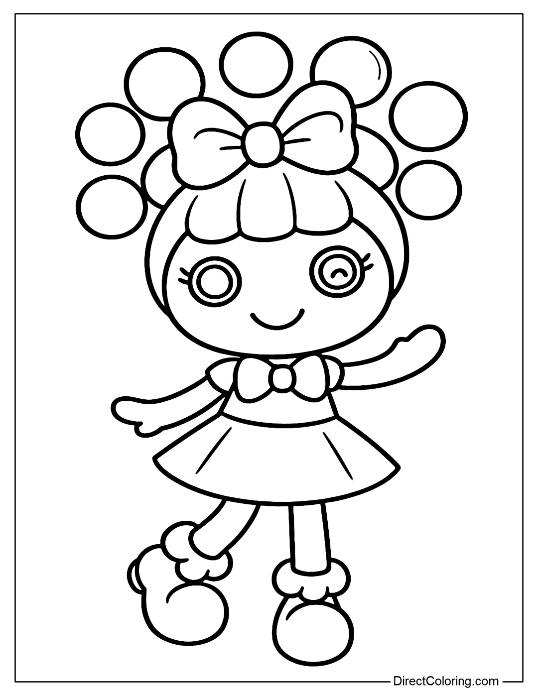 Bonnie doll coloring page has hair that is round and puffy bubbles, floating around her head like a funny crown. She wears a big bow and wears bubble shoes.