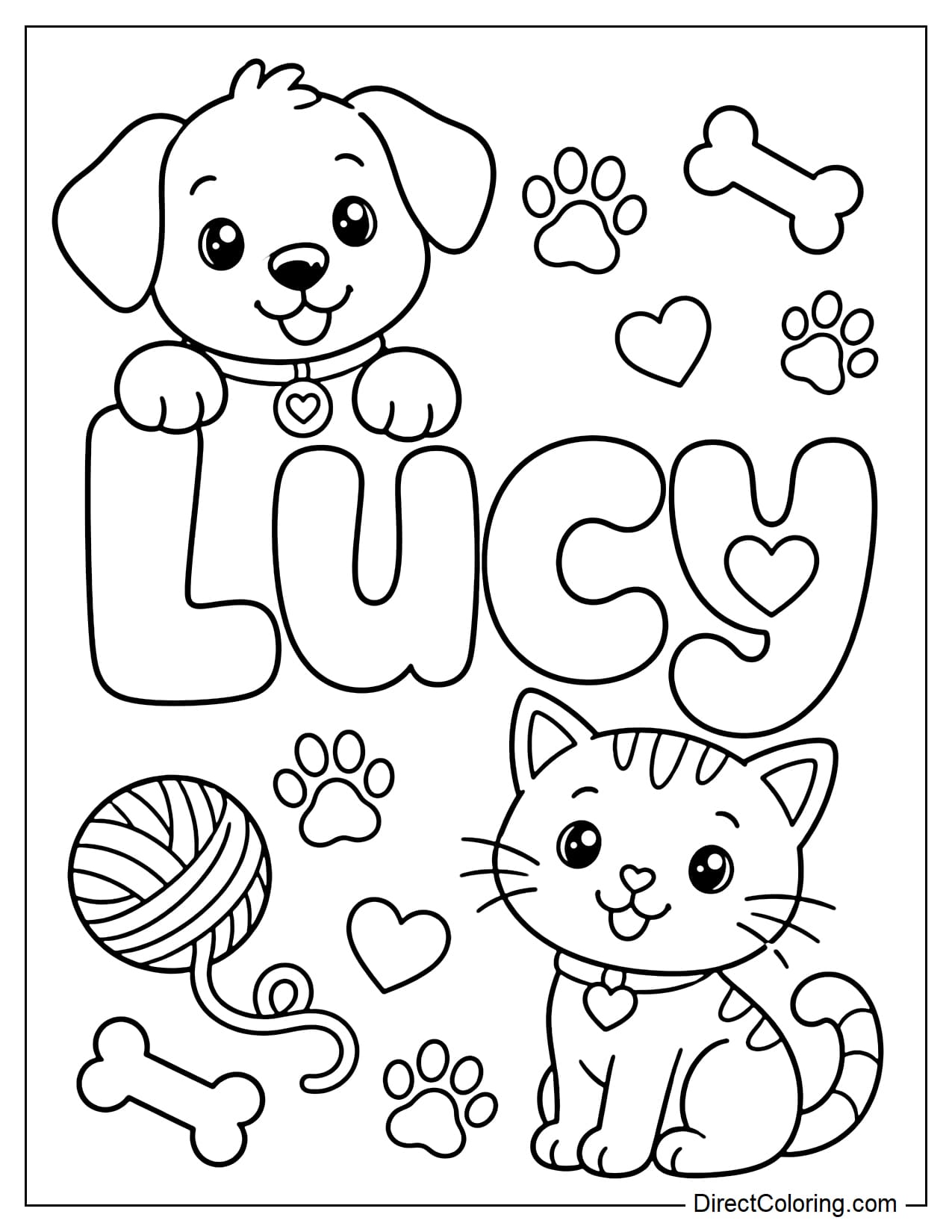 The name Lucy is written in cute round letters, surrounded by puppies, kittens, a ball of yarn, small bones, and footprints.