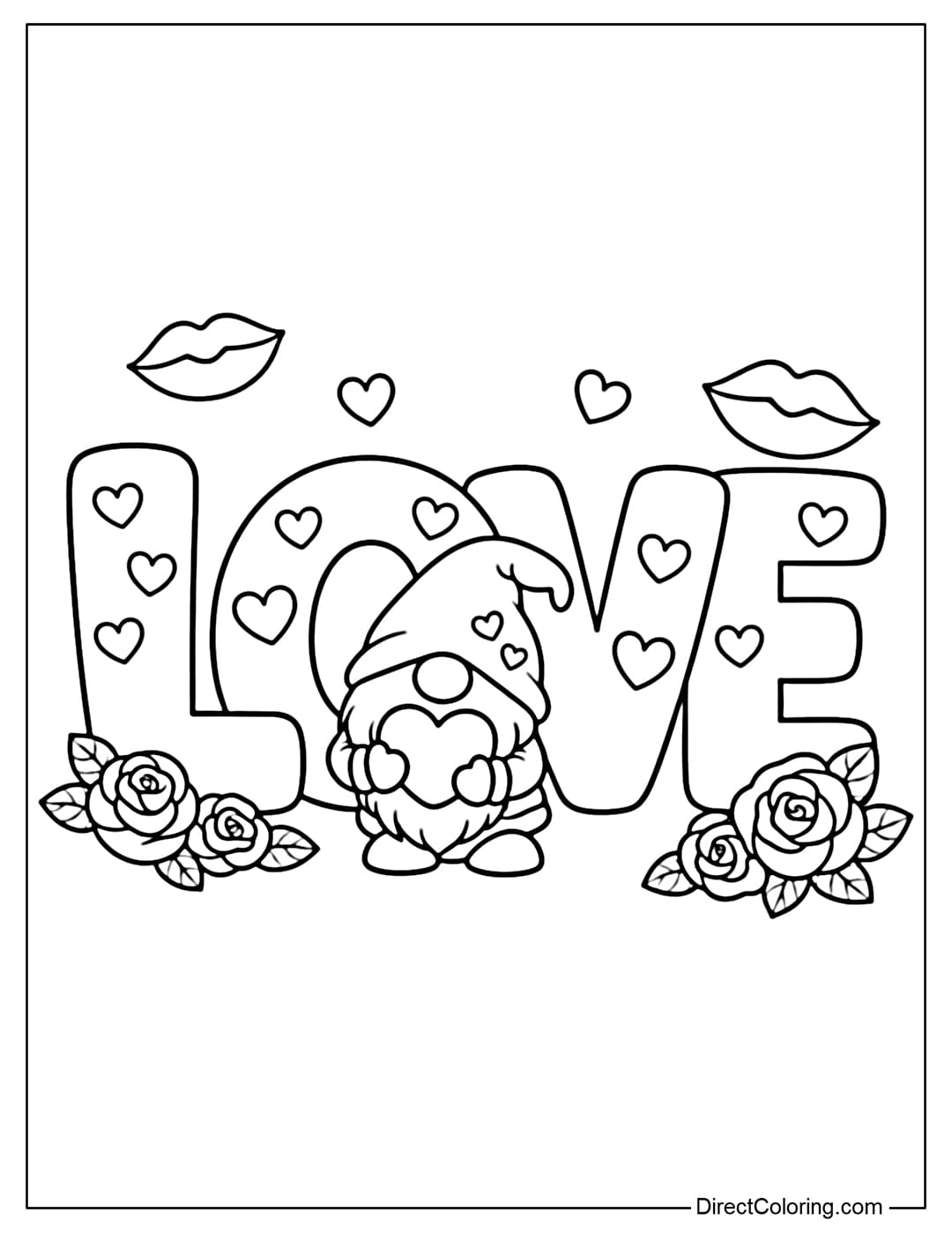 A coloring page with large letters L O V E, each letter featuring a heart design, and a gnome standing next to the letters O and V, hugging a small heart.