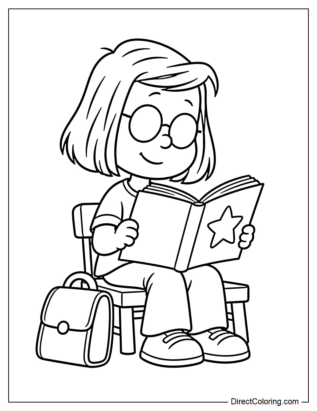 Marcie, wearing her large round glasses and sporting a short bob haircut, sits reading an open book. A small schoolbag rests beside her.