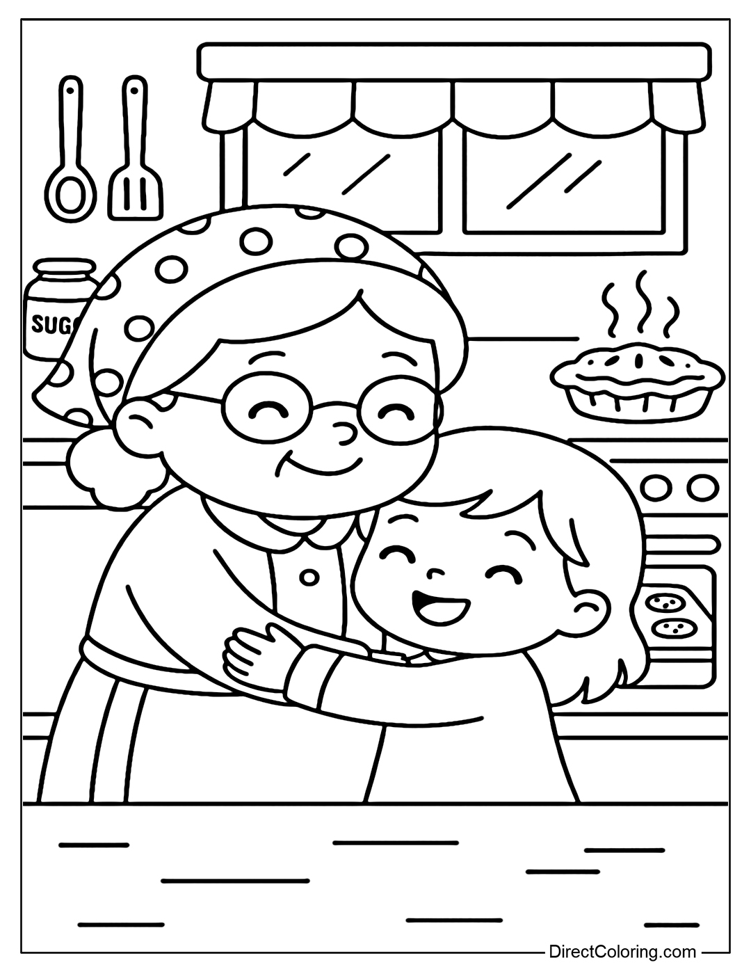 A coloring page of a warm hug between grandma and baby in a kitchen with the scent of baking cakes.