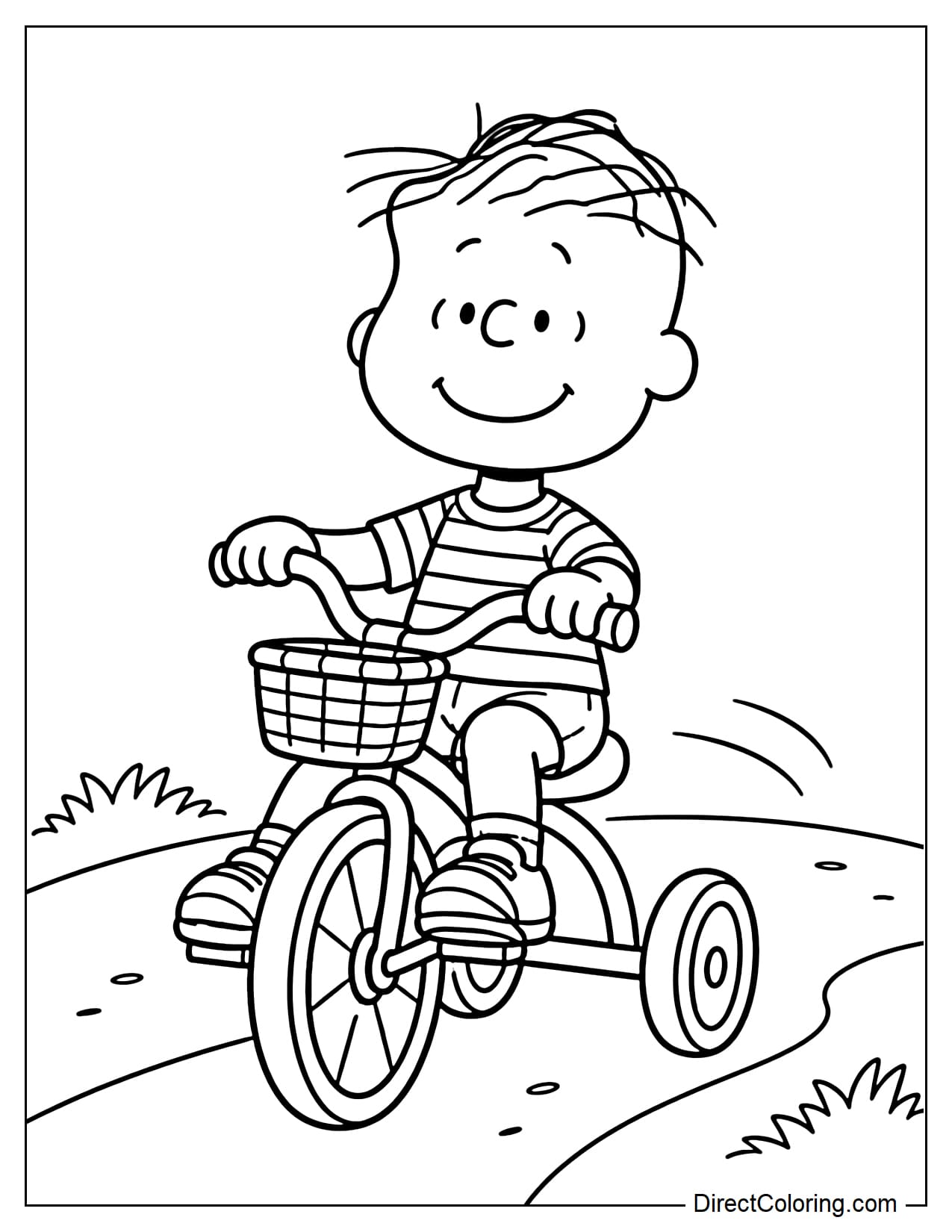 Rerun happily rides a small tricycle, holding the handlebars with both hands and keeping his feet on the pedals. He wears a striped shirt and shorts. The tricycle has one large front wheel, two smaller rear wheels, and a basket at the front.
