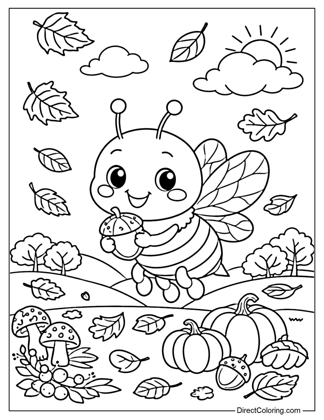 A coloring page featuring a bee in autumn with falling leaves and warm air.
