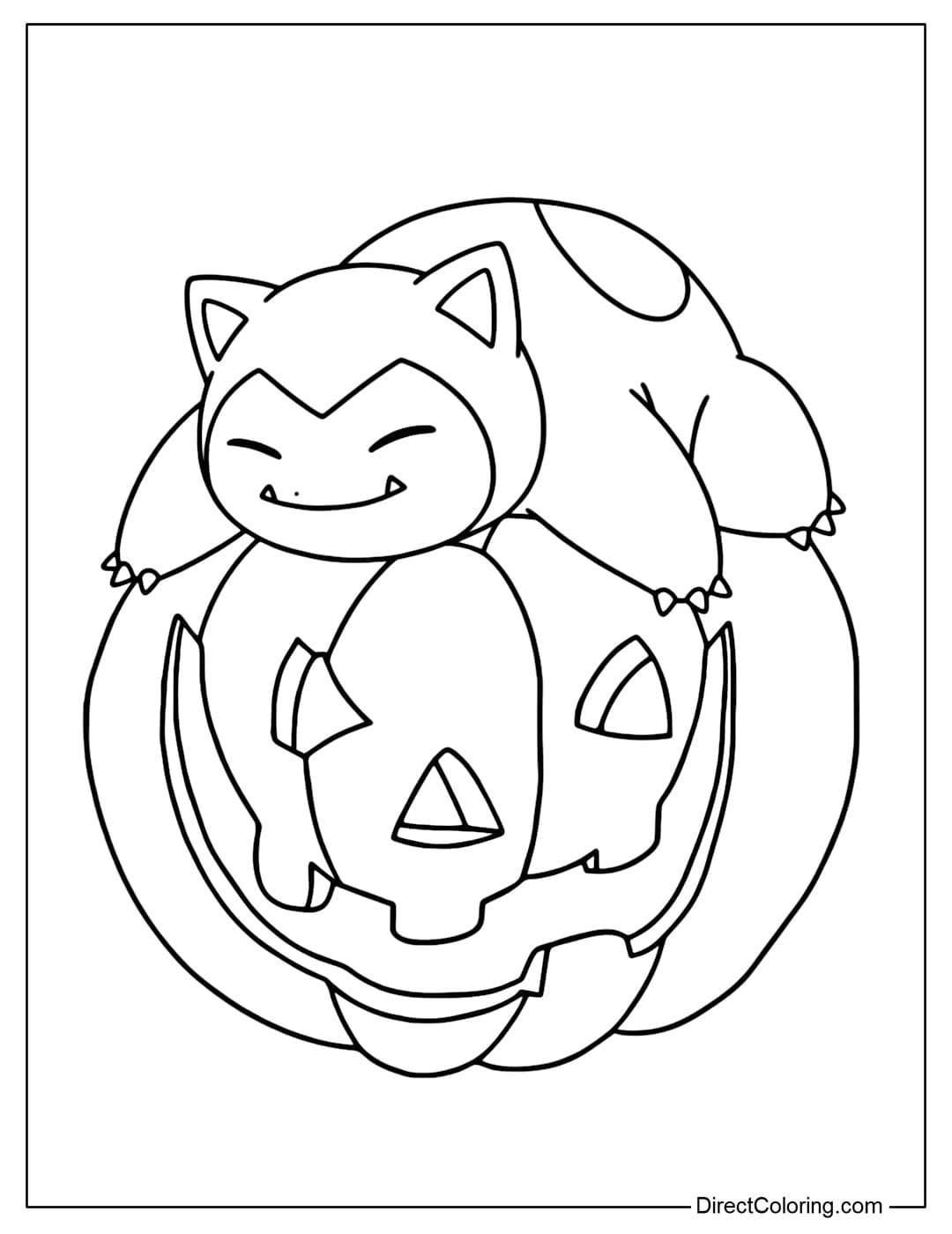 Coloring page of Snolax resting on a big Jack-o-lantern pumpkin.