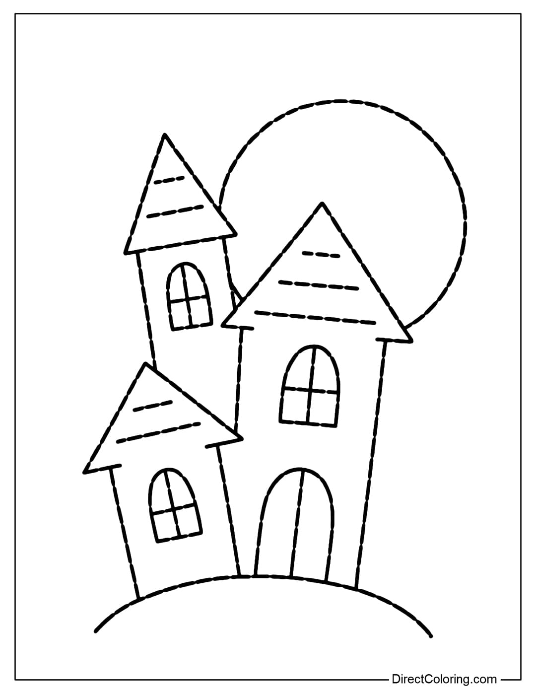 Coloring page of a small haunted house tracing, with a sloping roof and a full moon behind.