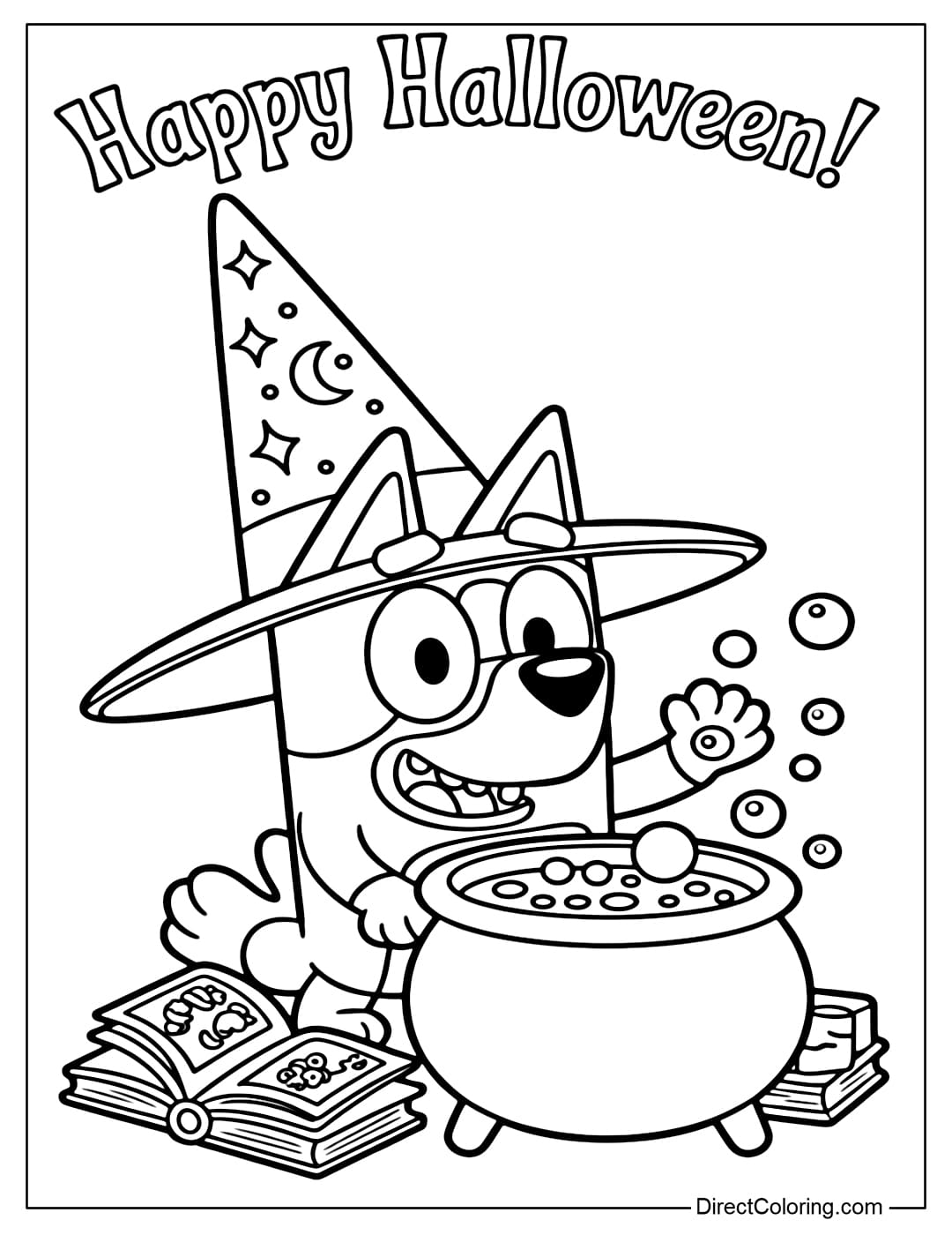 Bluey coloring page wearing a witch hat, smiling mischievously, next to a pot of boiling potion.