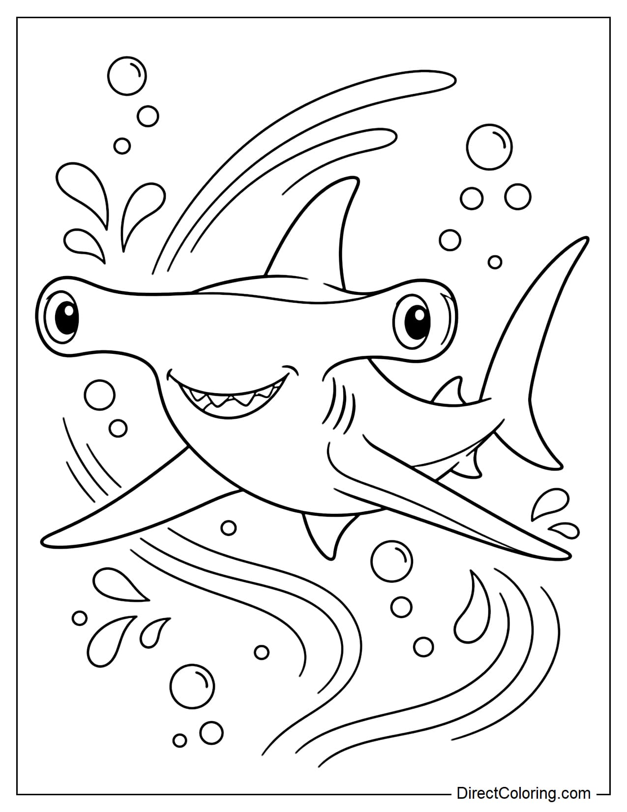 A hammerhead shark is swimming forward with its fins spread wide, behind it are several jets of water, bubbles, and curves.