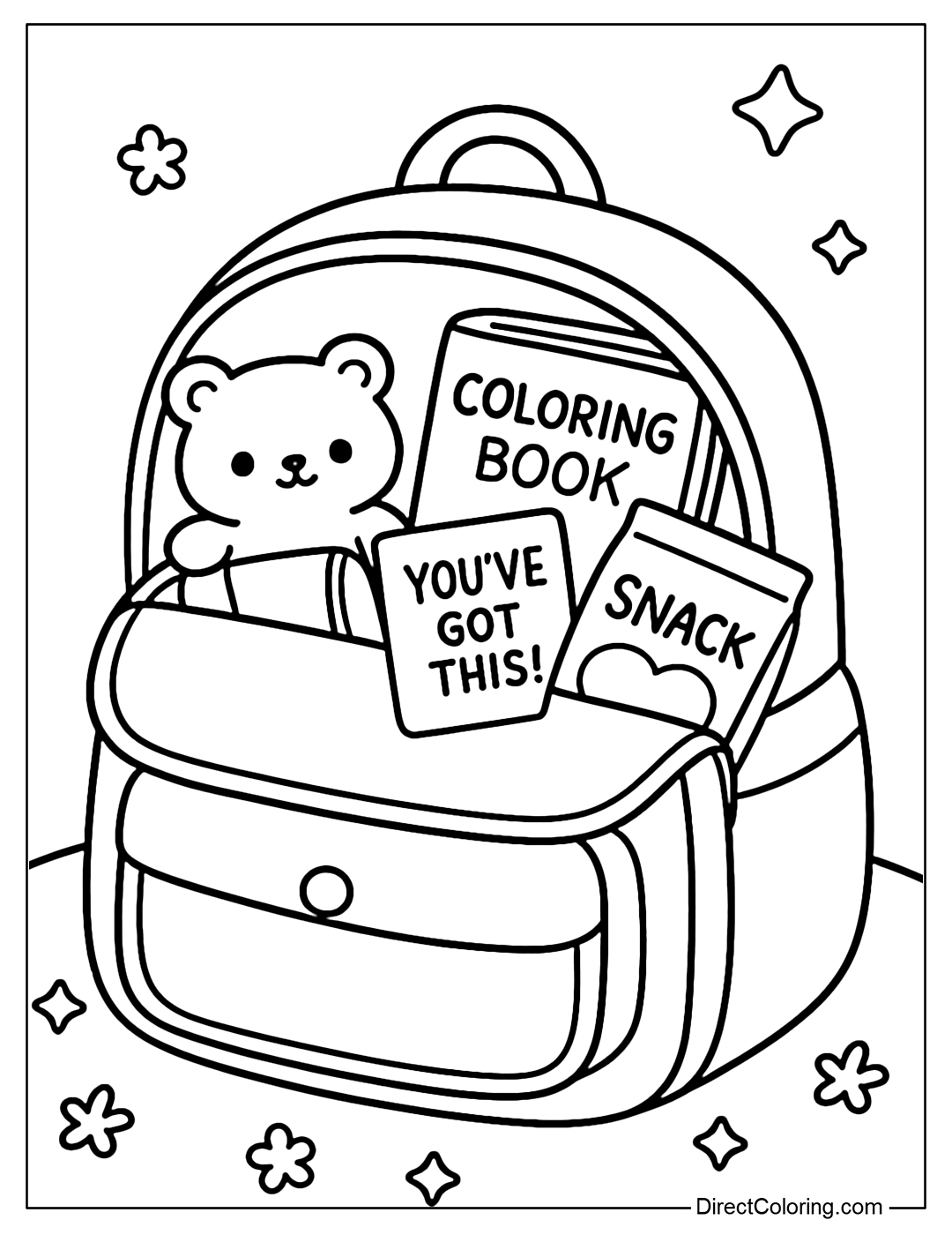 Coloring page of a backpack opened, inside are mini stuffed animals, coloring books, snacks and You've got this! cards.