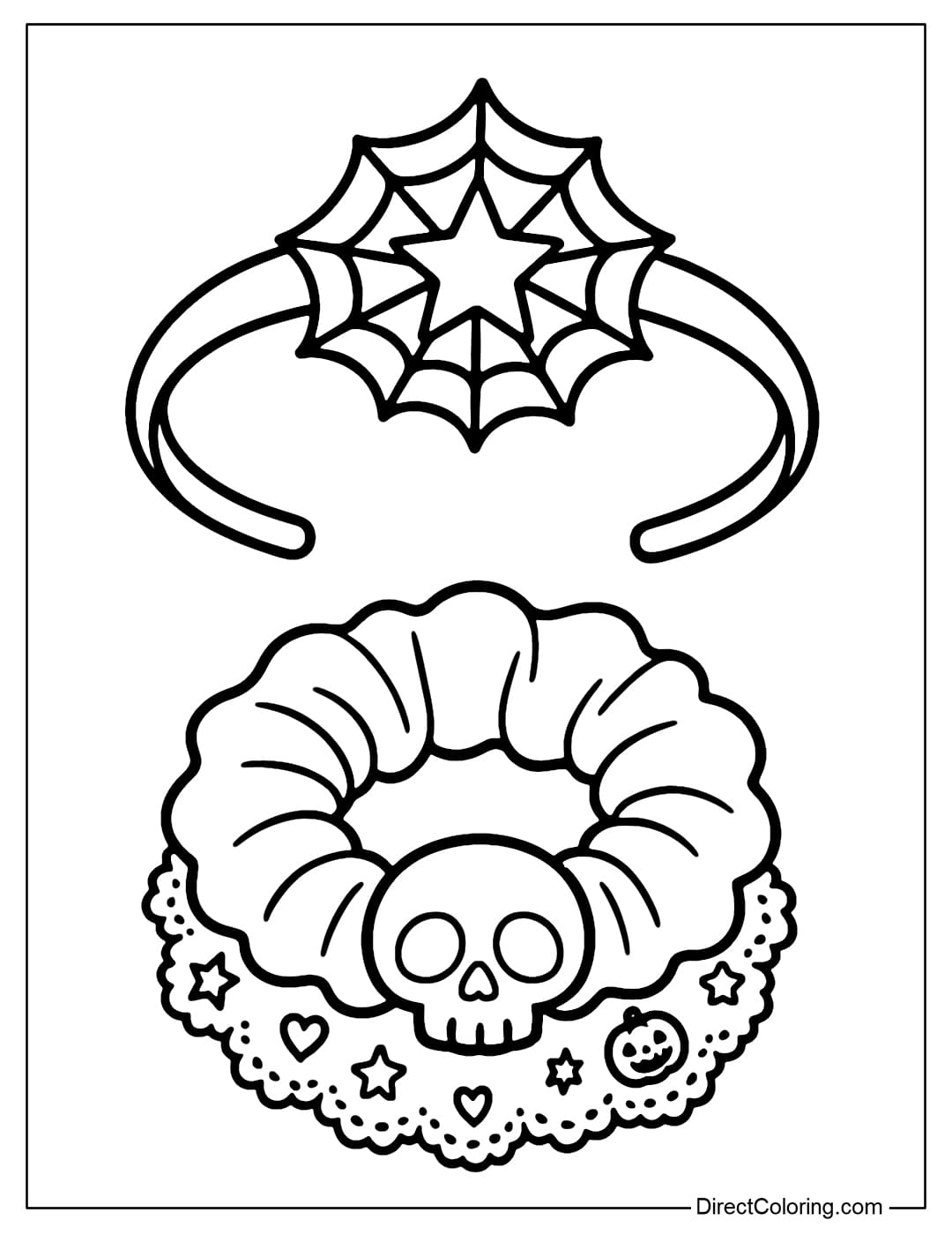 Spider web headband coloring page with star in the middle. Cute skull scrunchie, soft lace border with mini Halloween symbols.