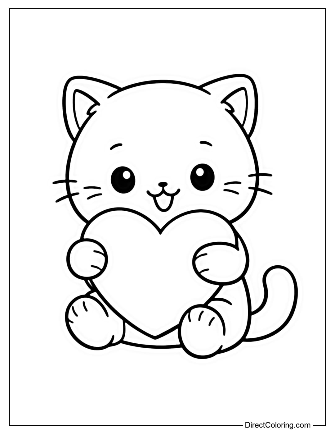A coloring page of a cute little cat holding a heart, with a round face and a slightly curled tail.