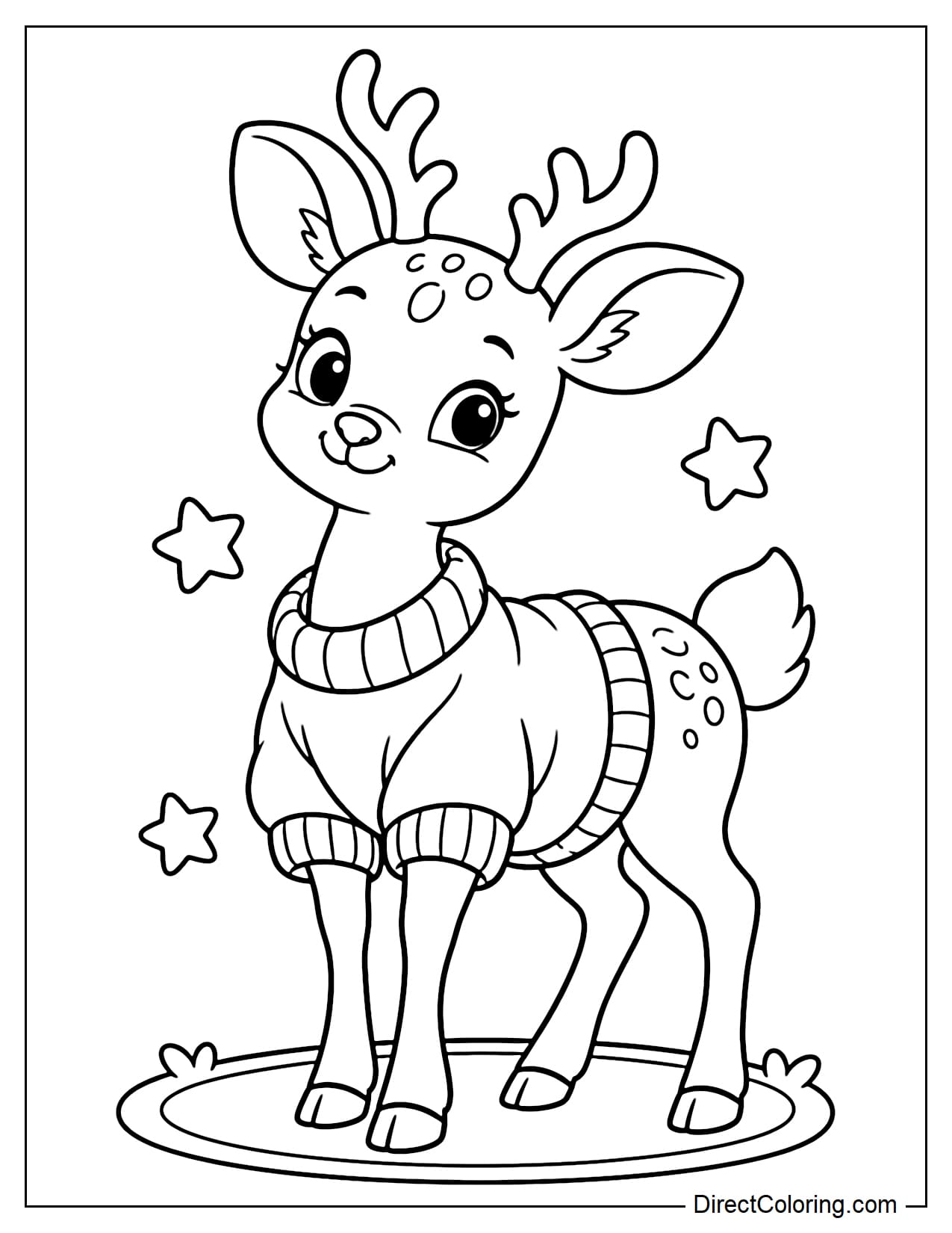 A cute deer wearing a cozy sweater around its body and standing on an oval rug.