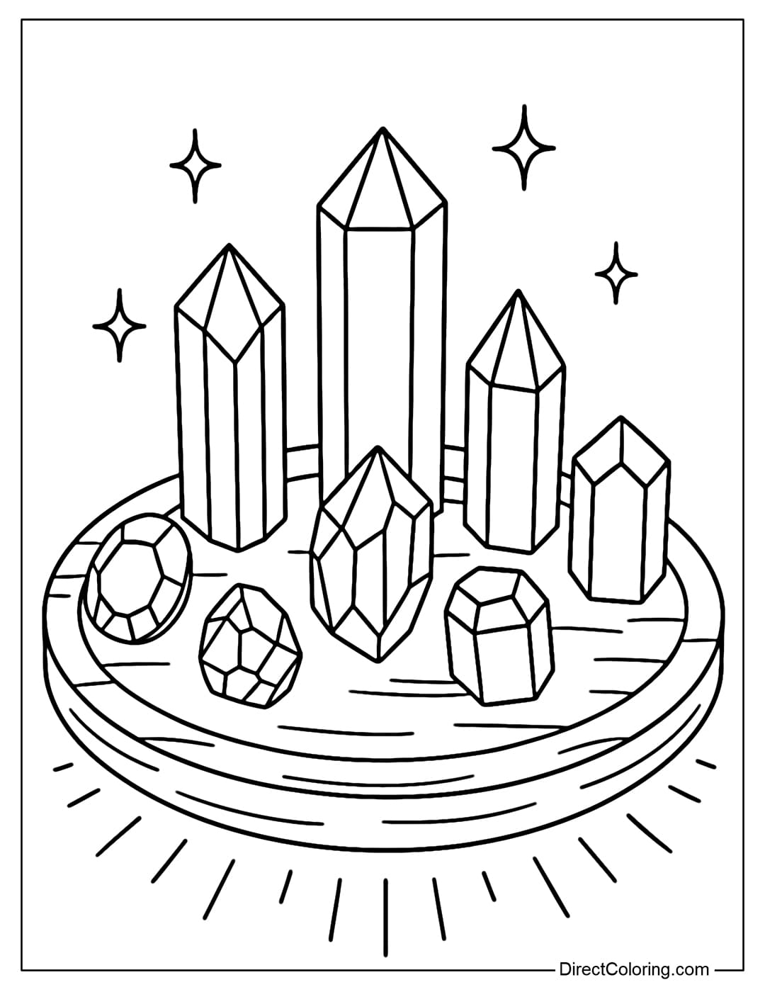 Altar coloring page with various shaped gemstones, shining in the magic circle.