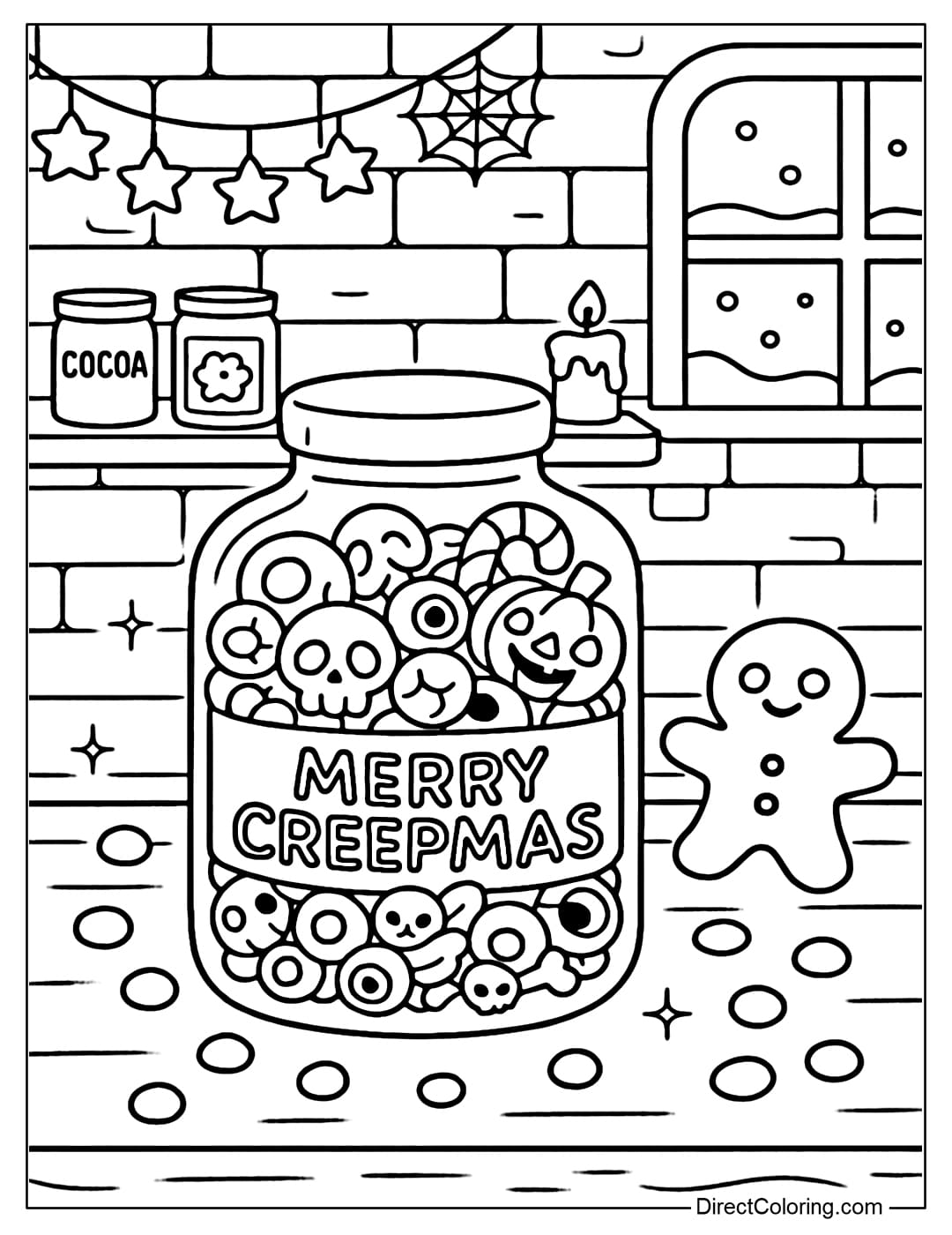 Coloring page of a magical Christmas candy jar placed on a table in a snow-covered kitchen outside the window.