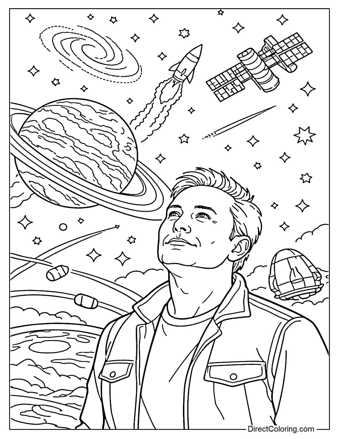 A coloring page of Elon Musk looking up at the starry sky, with a planet and space orbit in the background.