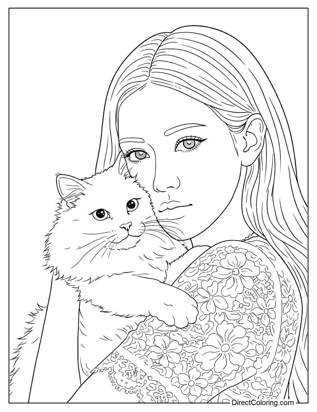 A coloring page of Rosé Blackpink cuddling a fluffy kitten.