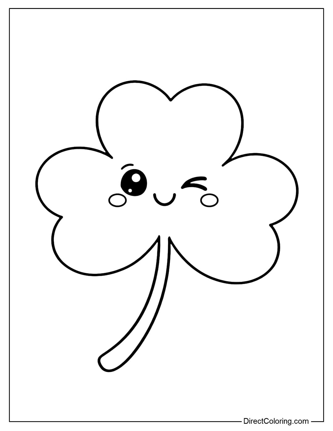 Coloring page of a cute shamrock with a winking smiley face and rounded shape.