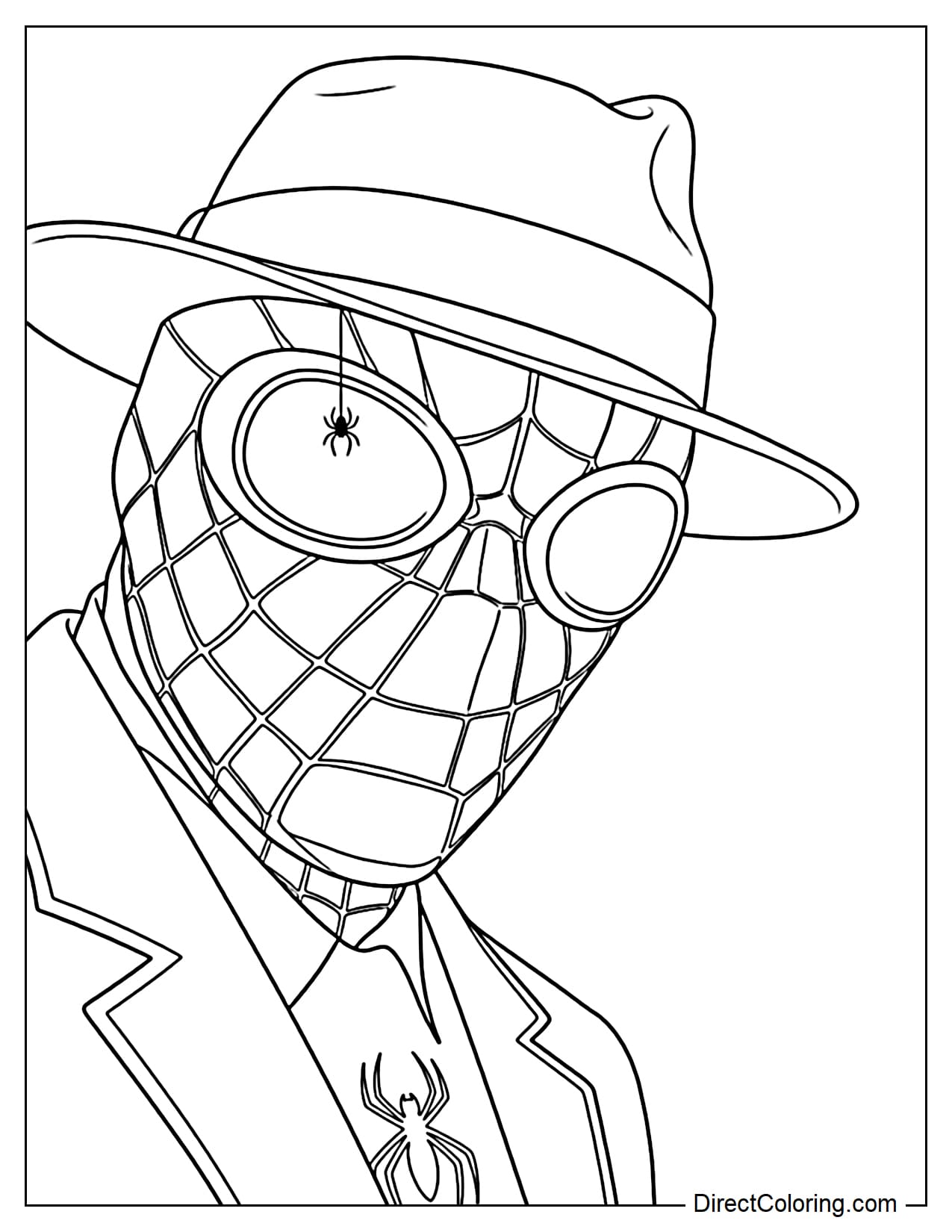 Spider-Man Noir wearing a fedora hat and a suit. Close-up portrait.
