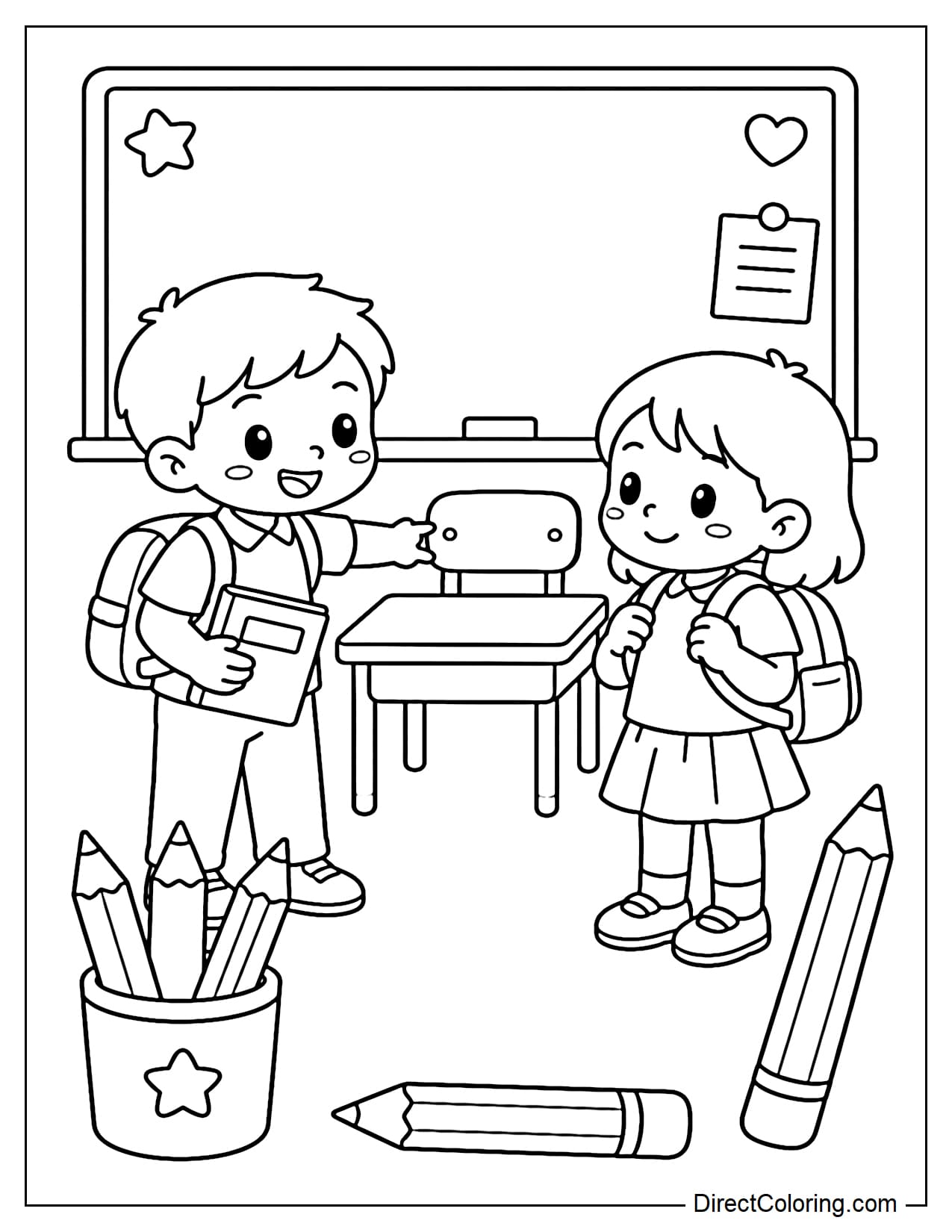 A little student is showing a new student their seat and giving them a book in the classroom, surrounded by a blackboard and some large pencils.