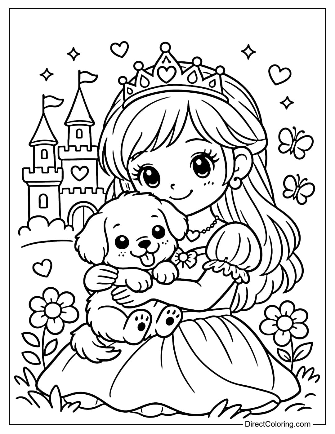 A coloring page of a princess hugging a cute puppy.