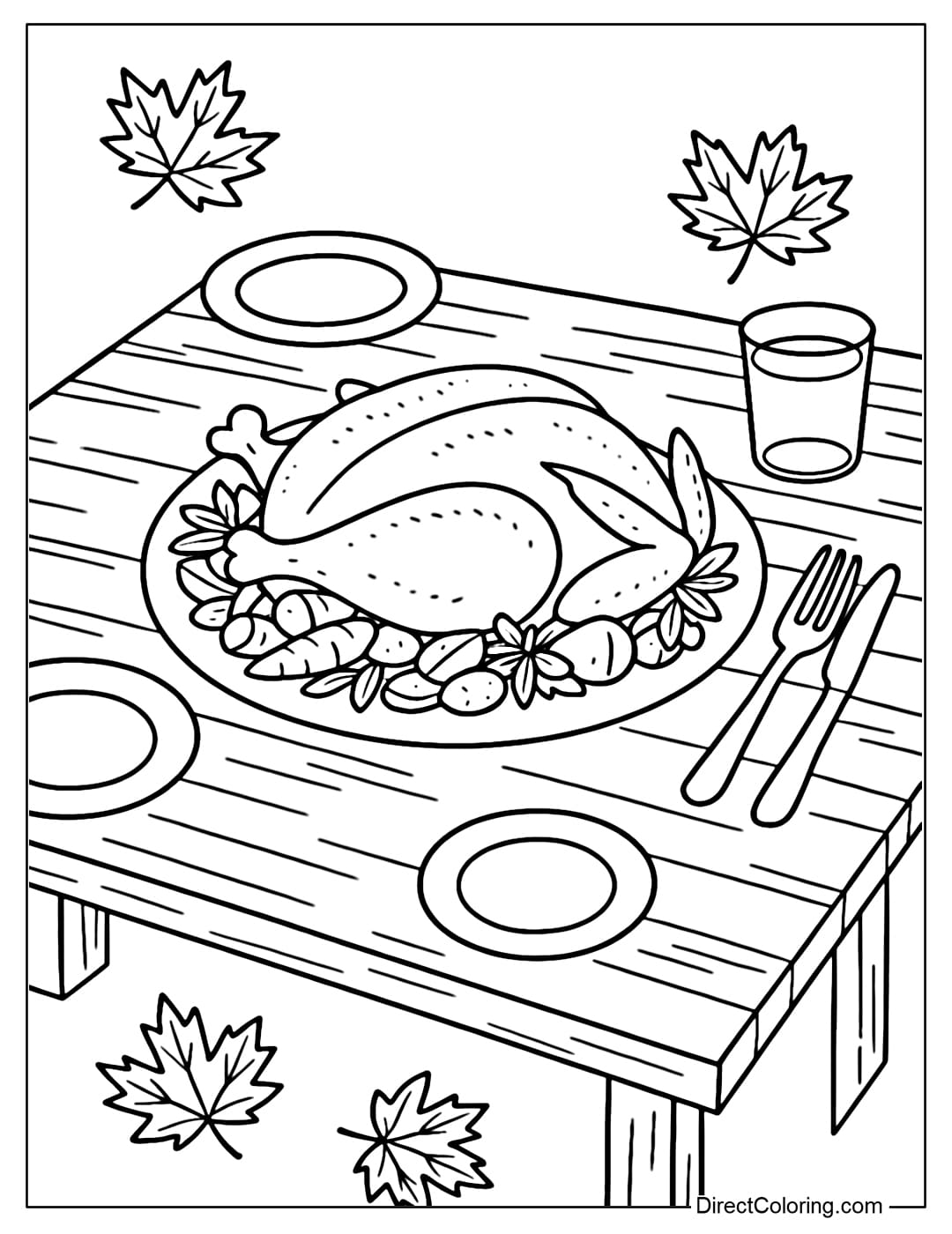A wooden table coloring page with a whole roast chicken on top of a layer of decorative vegetables.