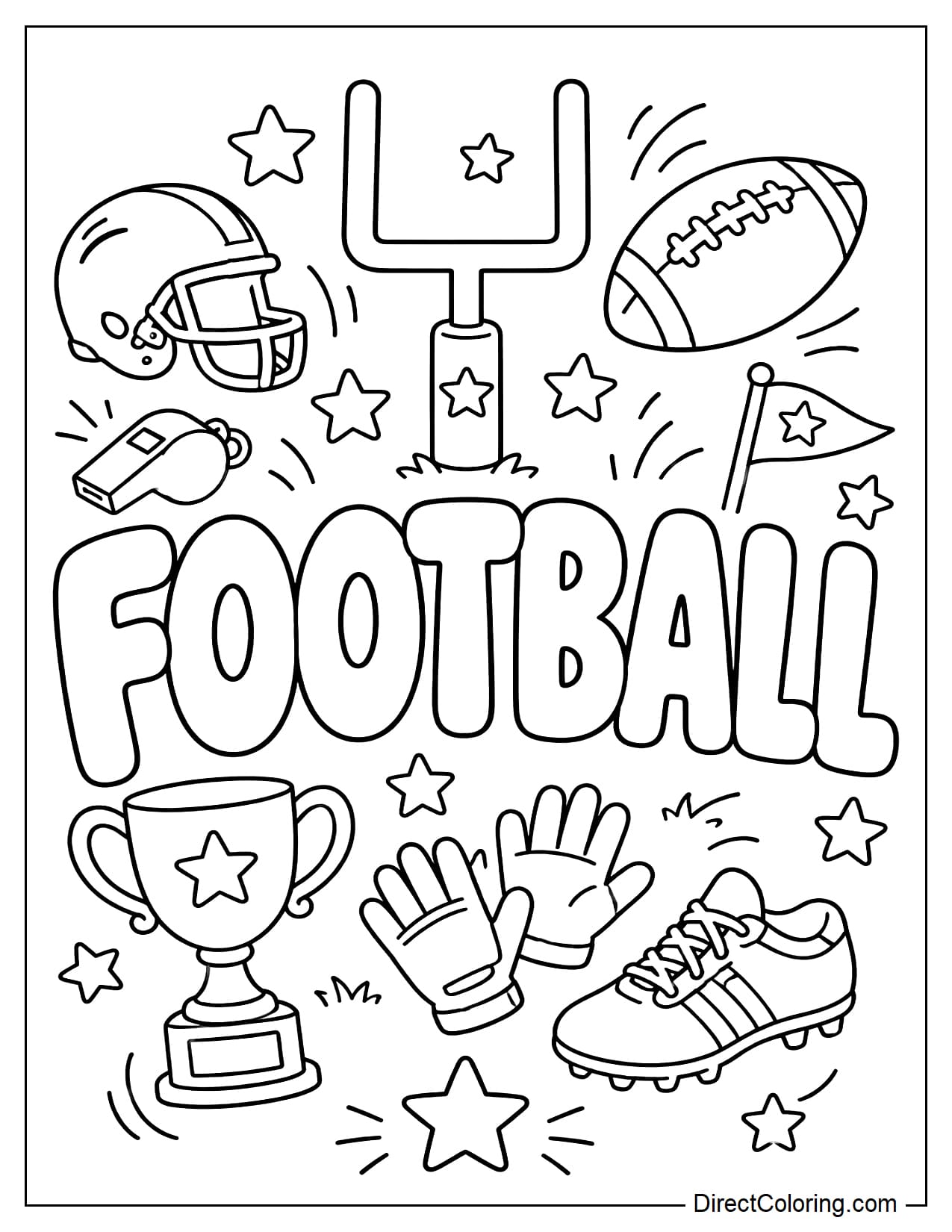 The word FOOTBALL appears in large letters surrounded by American football gear, including a helmet, trophy, gloves, cleats, whistle, pennant flags, and stars.