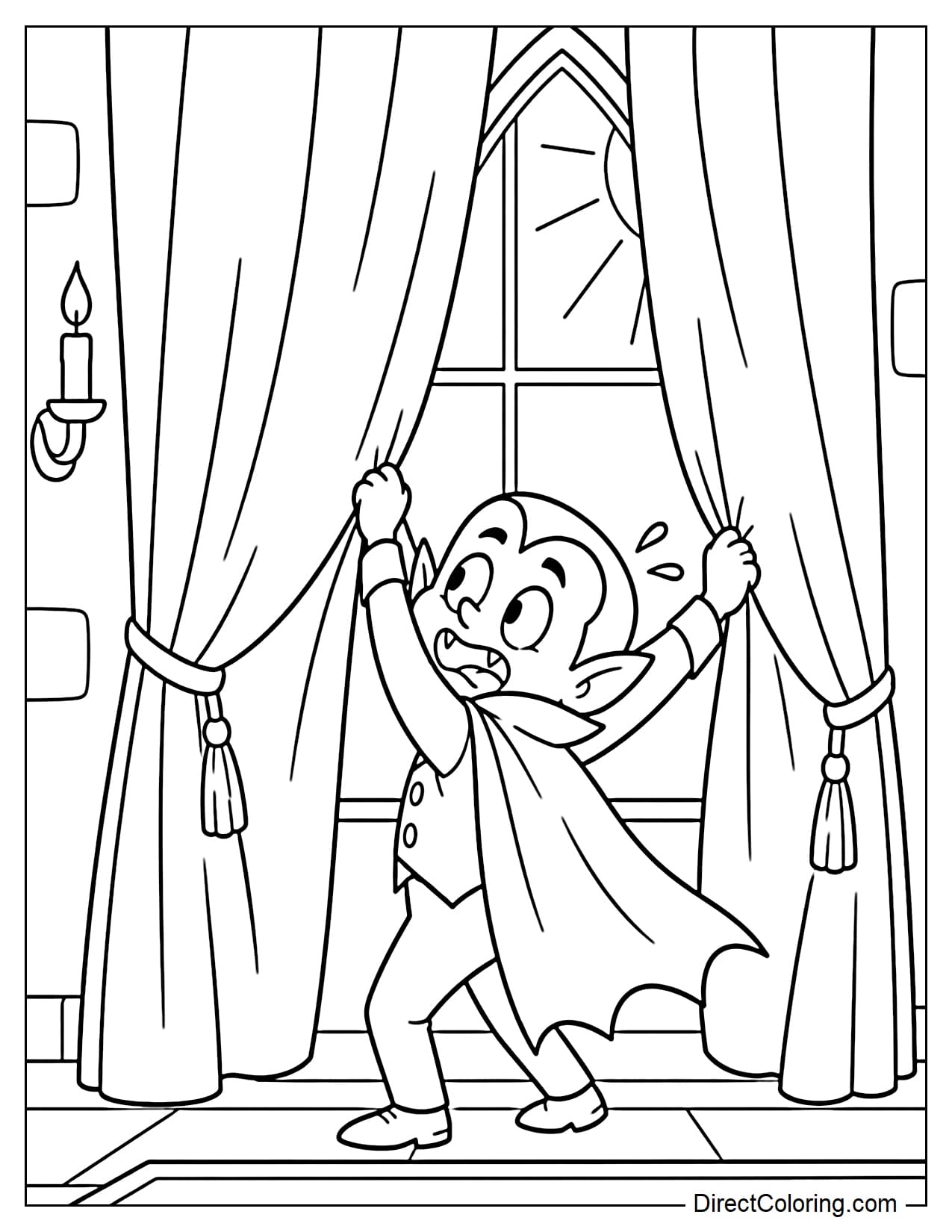 A small vampire is reaching up to pull two large curtains closed in front of a castle window, while a few rays of sunlight shine outside.