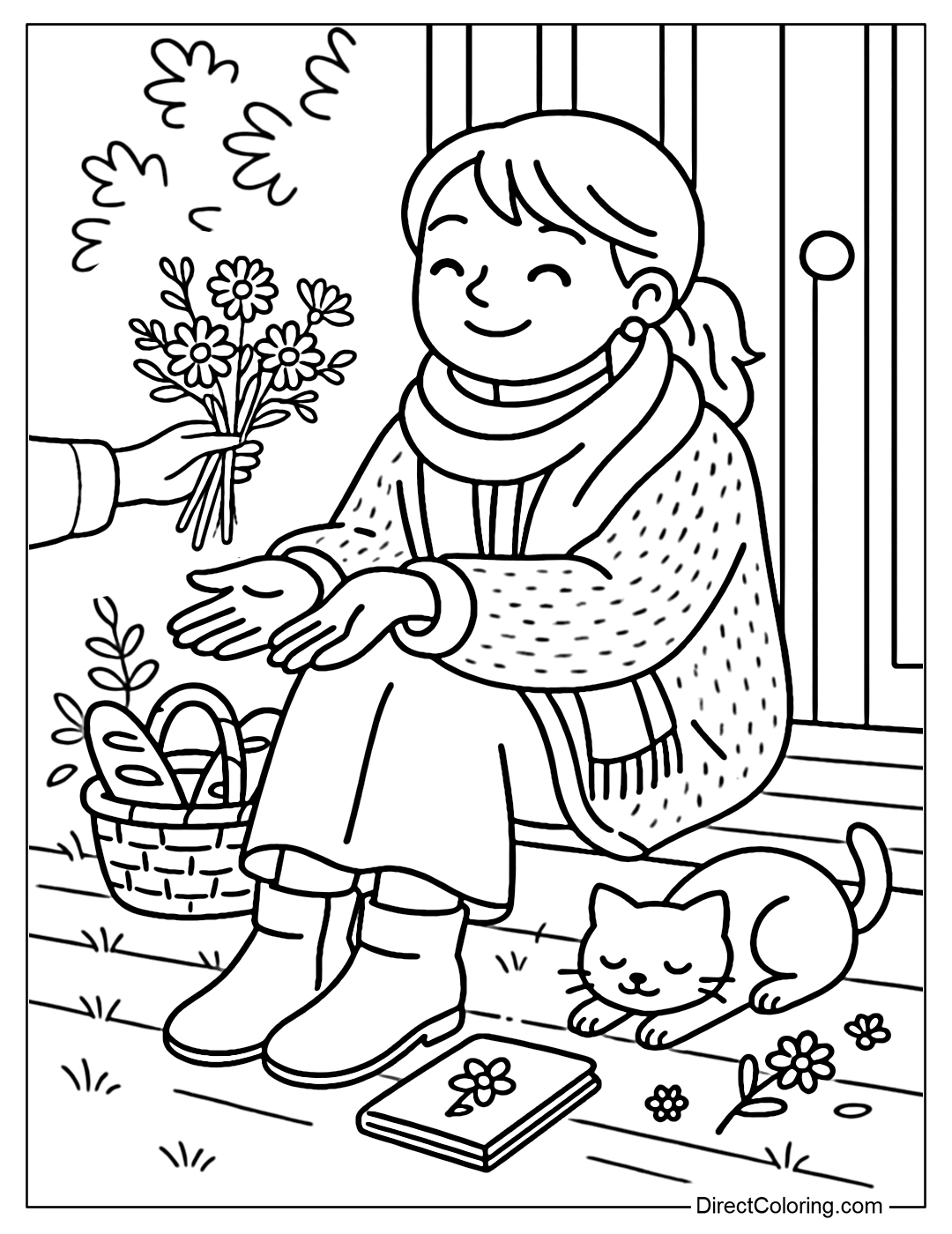 A girl sitting on the wooden steps of her front porch in the early morning, receiving a bouquet of fresh wildflowers that someone gave her.