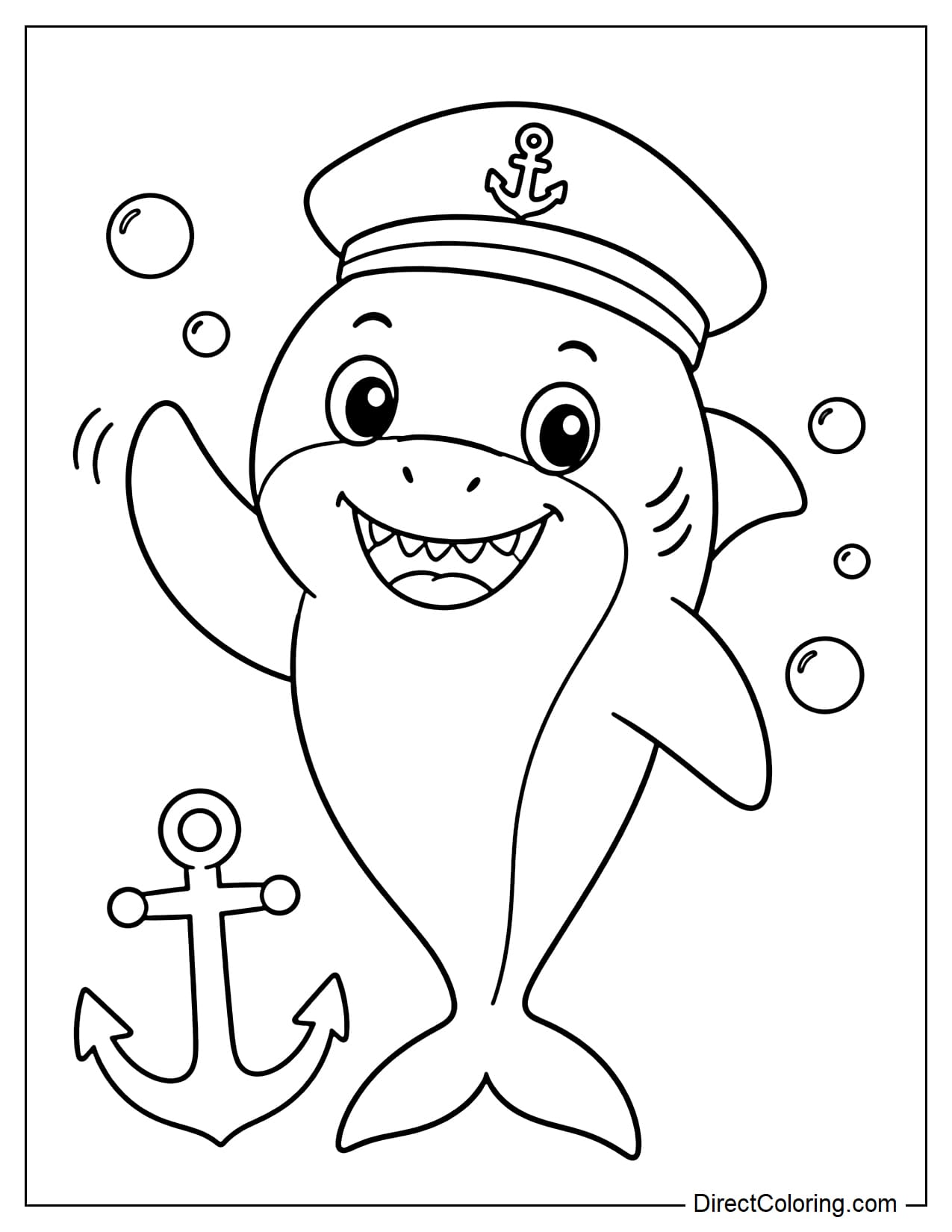 A cute shark is standing upright on its tail, wearing a large sailor hat and raising one fin in greeting. Beside it is a small anchor and a few bubbles.