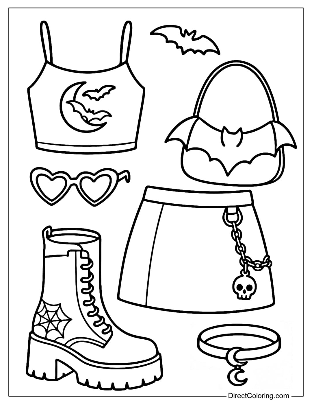 Coloring page for a Y2K bat-themed outfit set including a satin crop top, a mini skirt with chains and skull charms, and chunky high-heeled boots.