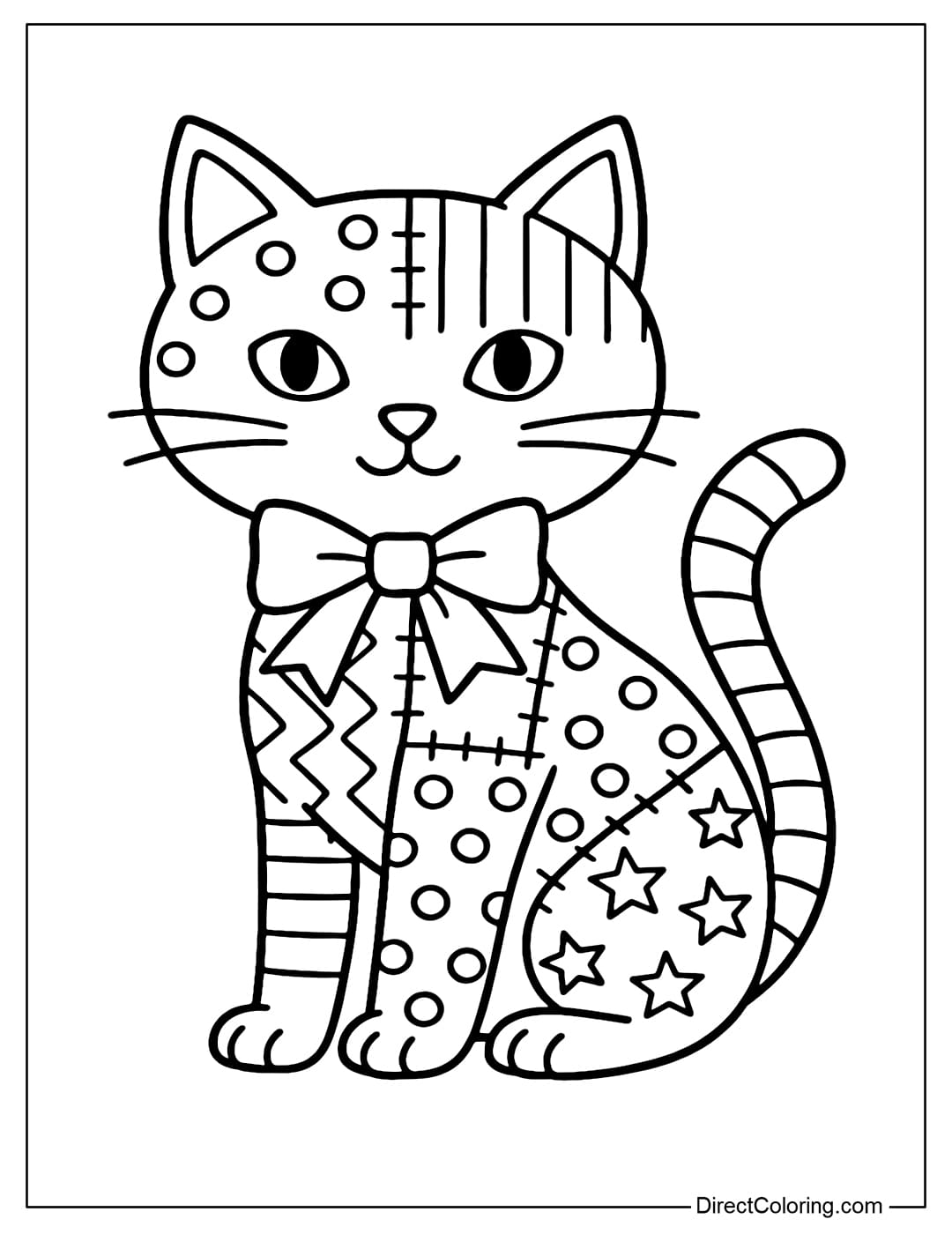 A sitting black cat coloring page with patchwork all over its body, cute round eyes.