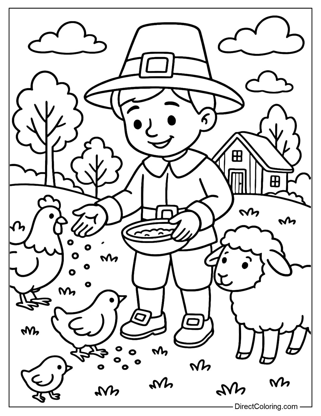 A coloring page of a little boy named Pilgrim feeding chickens and sheep in the yard.