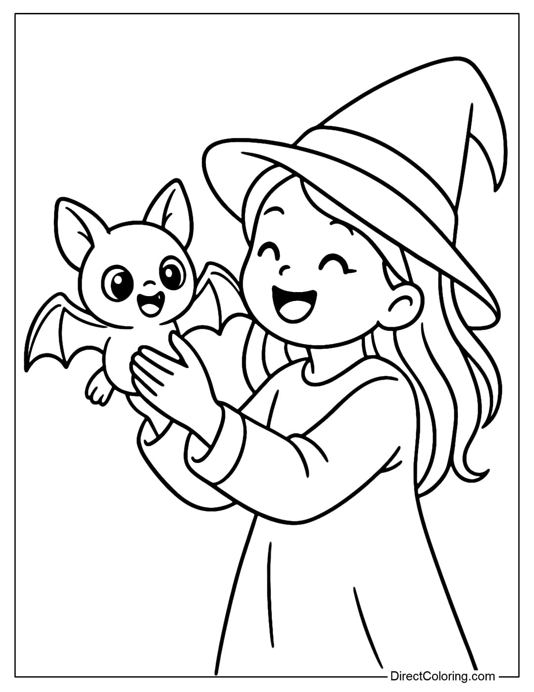 A witch coloring page playing with a cute bat with big eyes and wide wings.