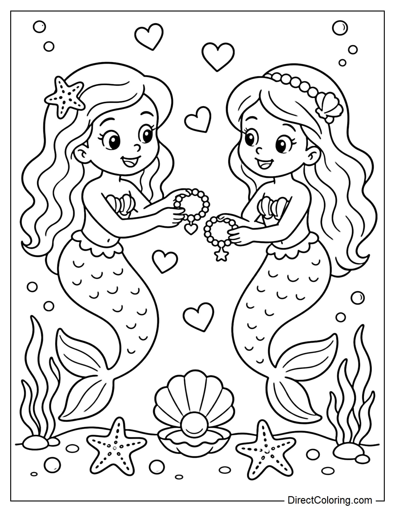 Two best-friended mermaids are exchanging friendship bracelets, surrounded by small hearts, pearls, starfish, and seaweed.