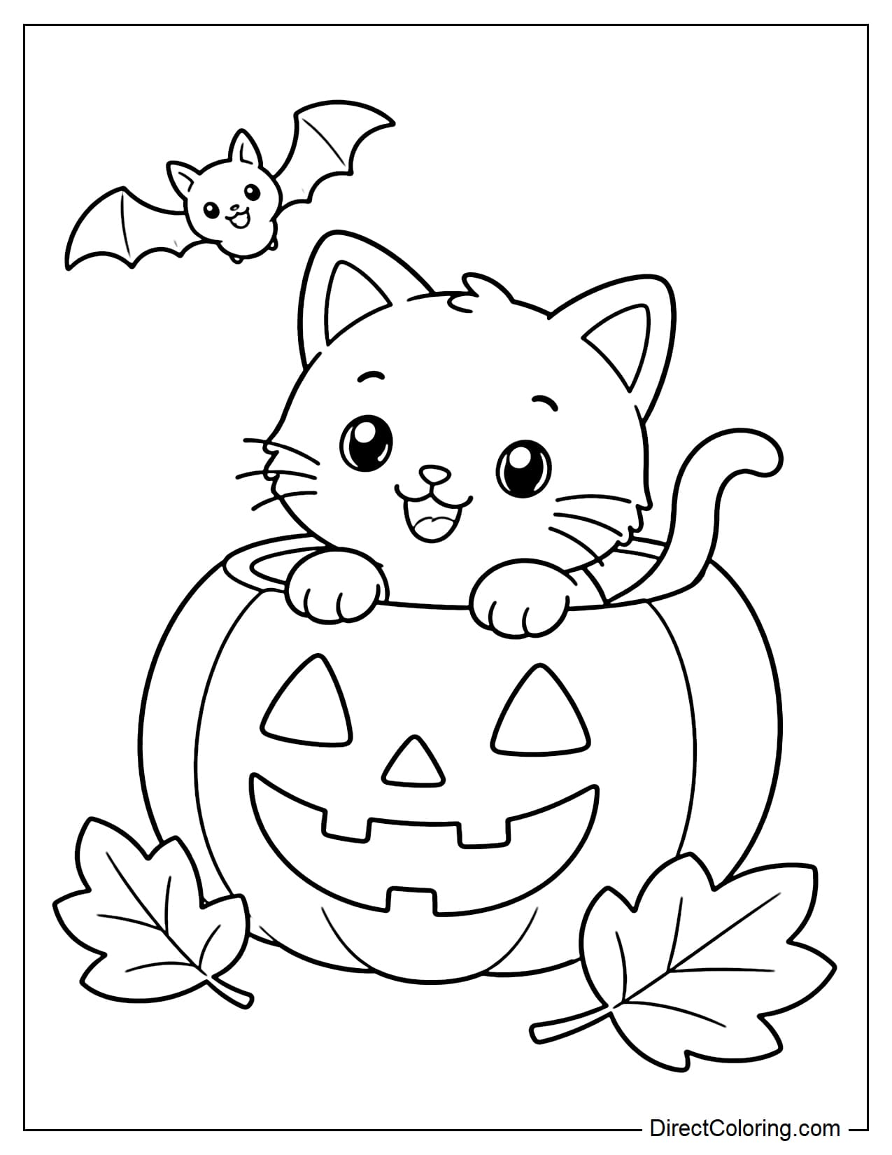 A small cat peeking halfway out of a large Halloween pumpkin, with its front paws resting on the pumpkin opening and its tail curving gently behind, with a small bat and a few large leaves nearby.