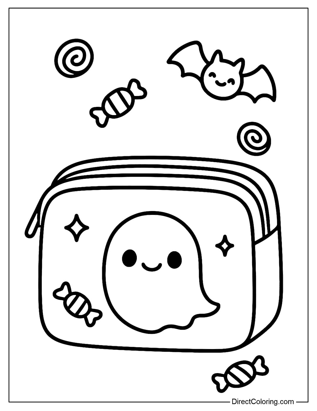 Coloring page for a cosmetic bag with a smiling ghost, small bats and candies decorated around the bag.