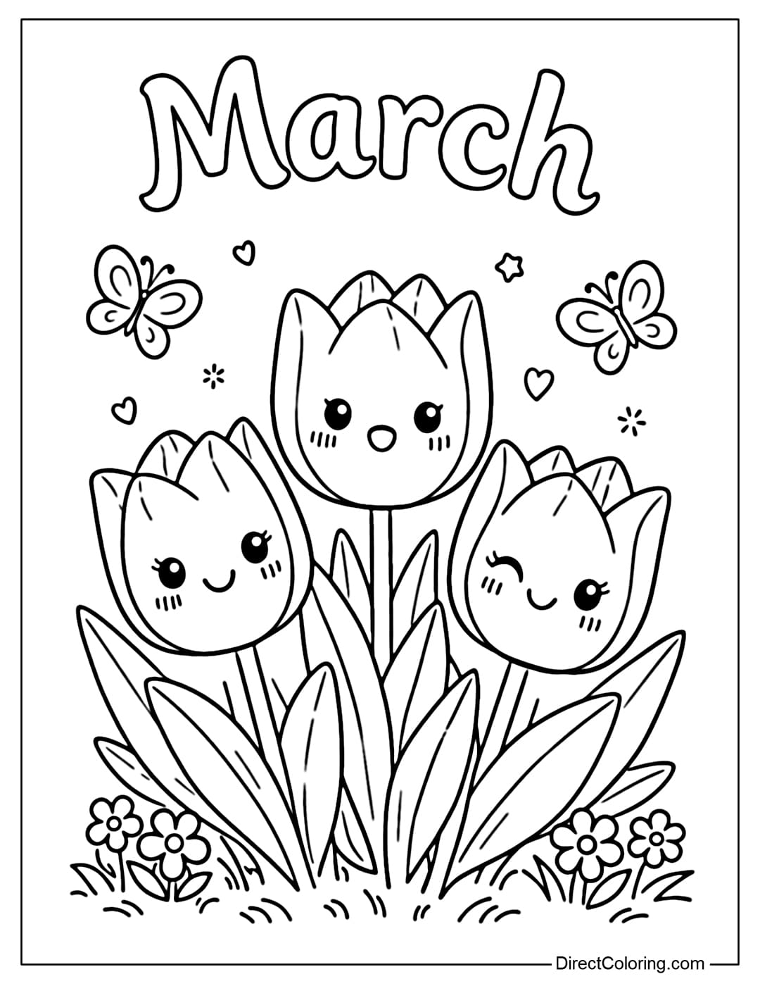 Coloring page for a cluster of tulips with cute faces, with the word 
