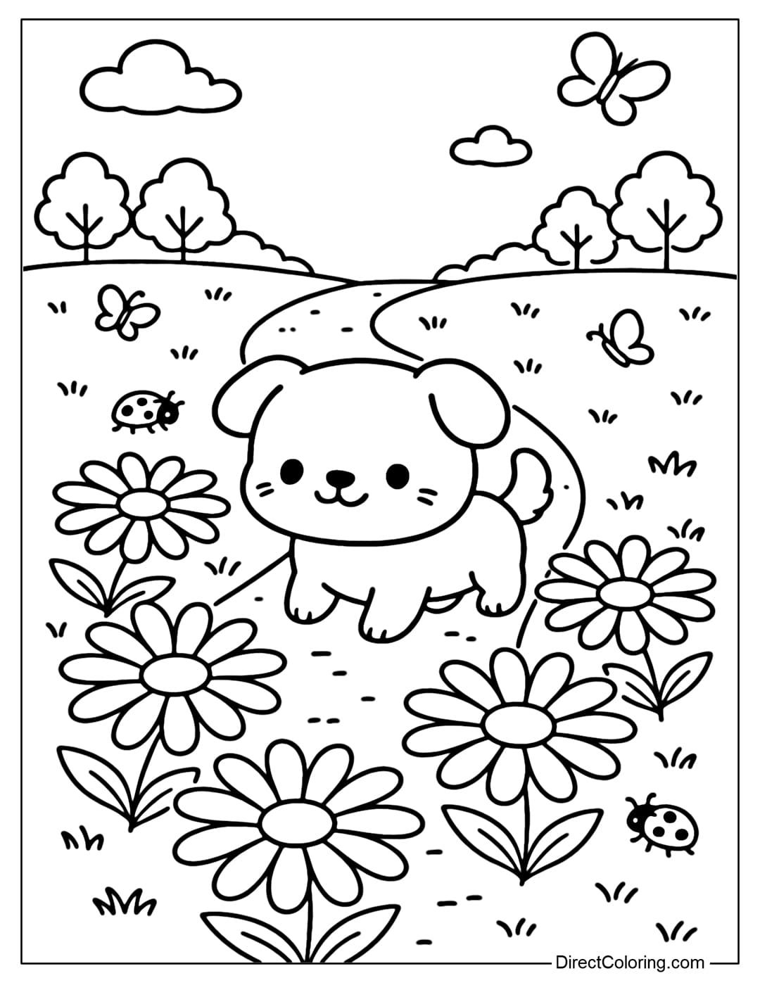 Coloring page of a pet walking on a path covered with big daisies.