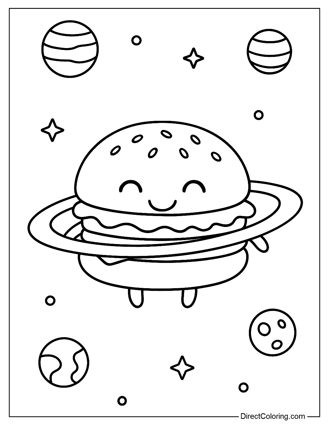 coloring page of hamburger floating in space, with a star ring