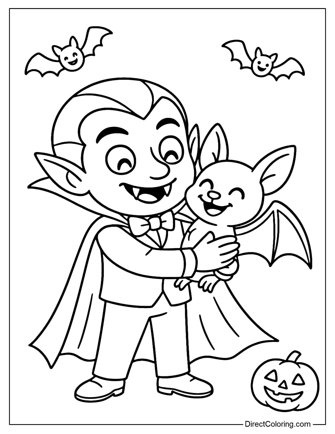 The little Dracula coloring page holds a bat, both laugh, the Halloween atmosphere is fun.