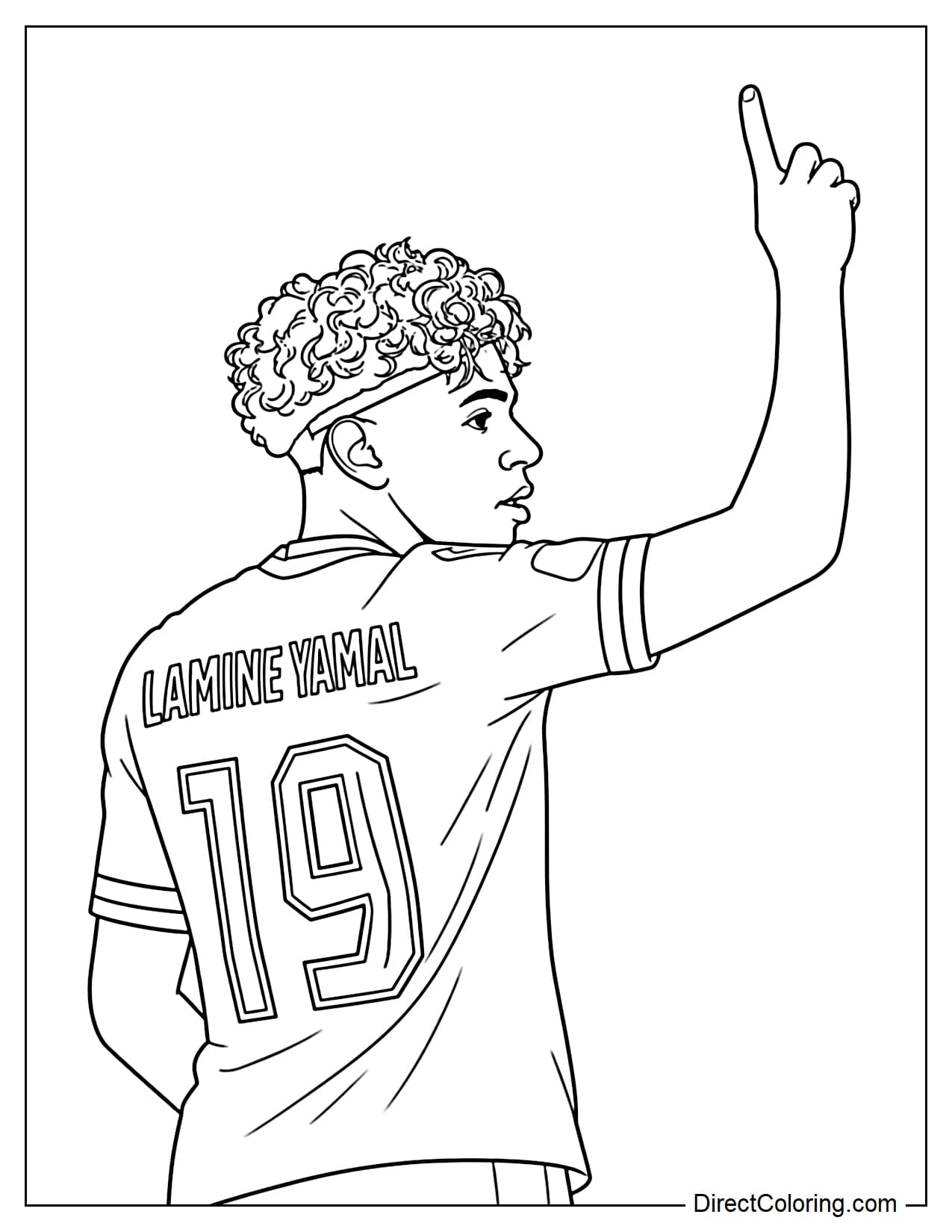 Lamine Yamal wearing a Spain national team jersey, viewed from behind and slightly angled, with his striking curly hair, a thin headband, and one arm raised with his index finger pointing upwards.