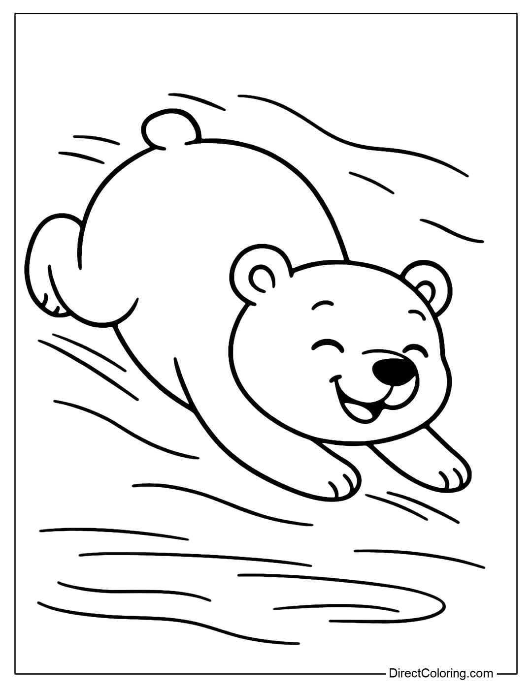 Polar bear coloring page skating on its belly, smiling innocently.