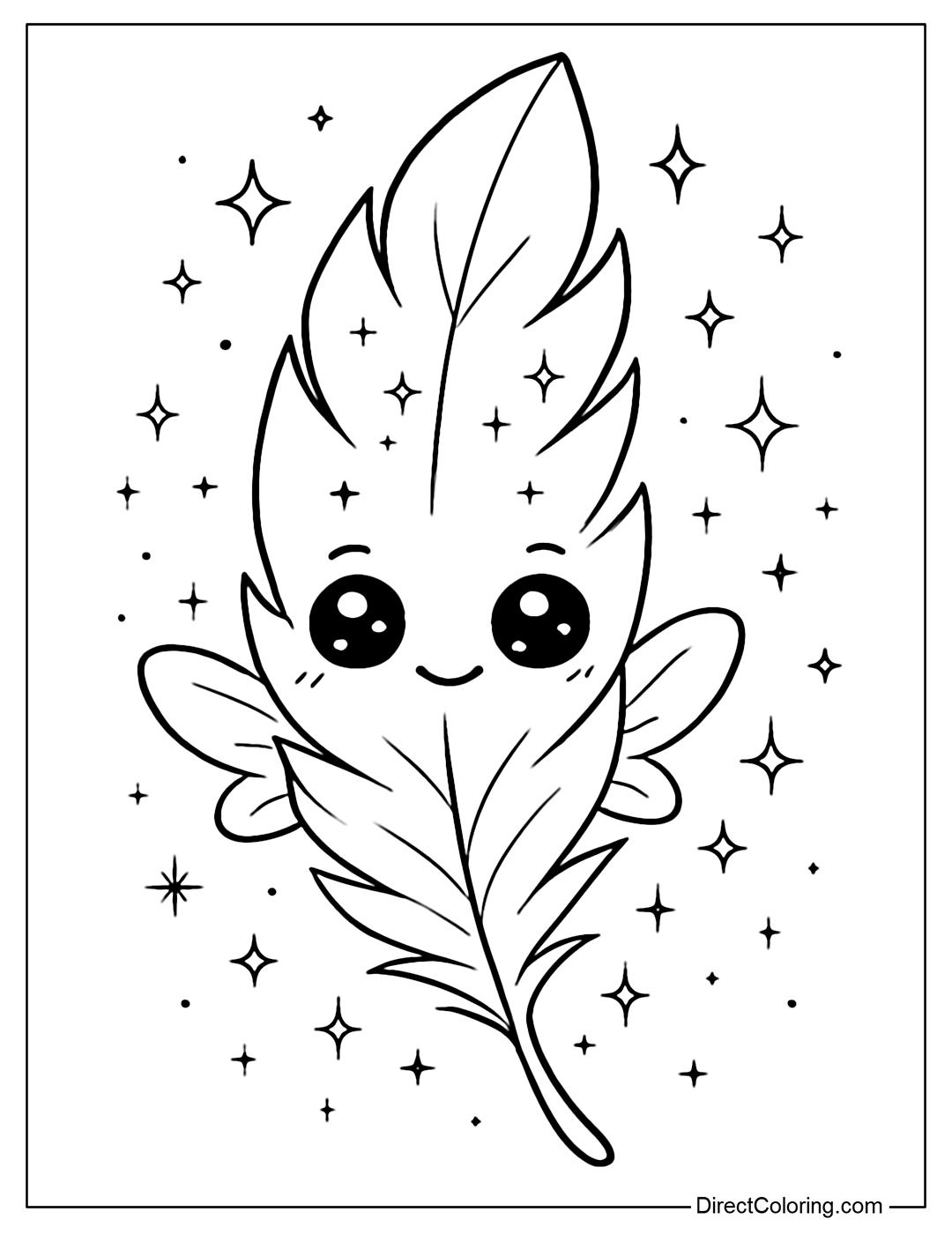 Coloring page of a feather with sparkling eyes and small fairy wings behind, surrounded by glitter dust and shimmering light.