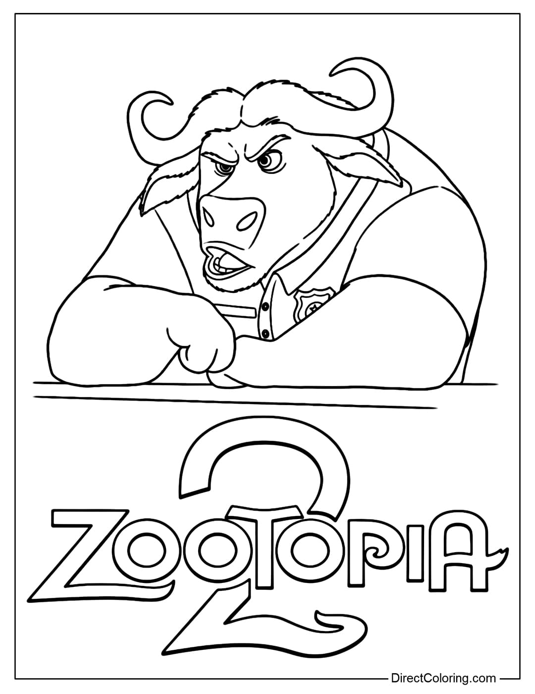 A coloring page of Chief Bogo, with his large physique, strong muscles, and serious expression, exuding authority but still retaining a humorous touch.