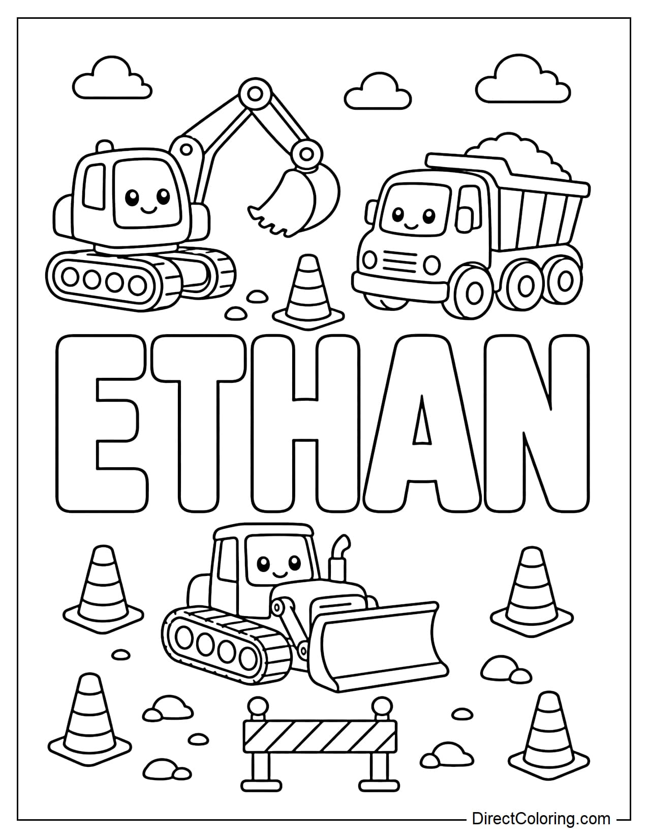 Ethan's name is written in large capital letters, surrounded by excavators, dump trucks, bulldozers, and cute construction markers.