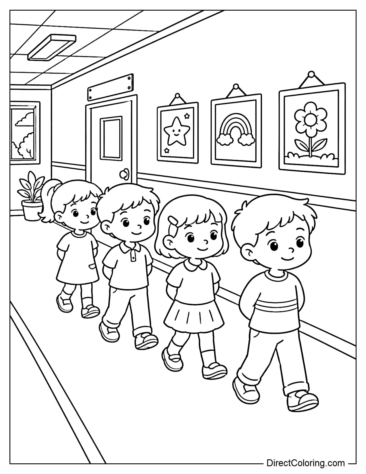 The children walk in a line down the school hallway, hands neatly placed and steps softly, with a few pictures hanging on the wall.