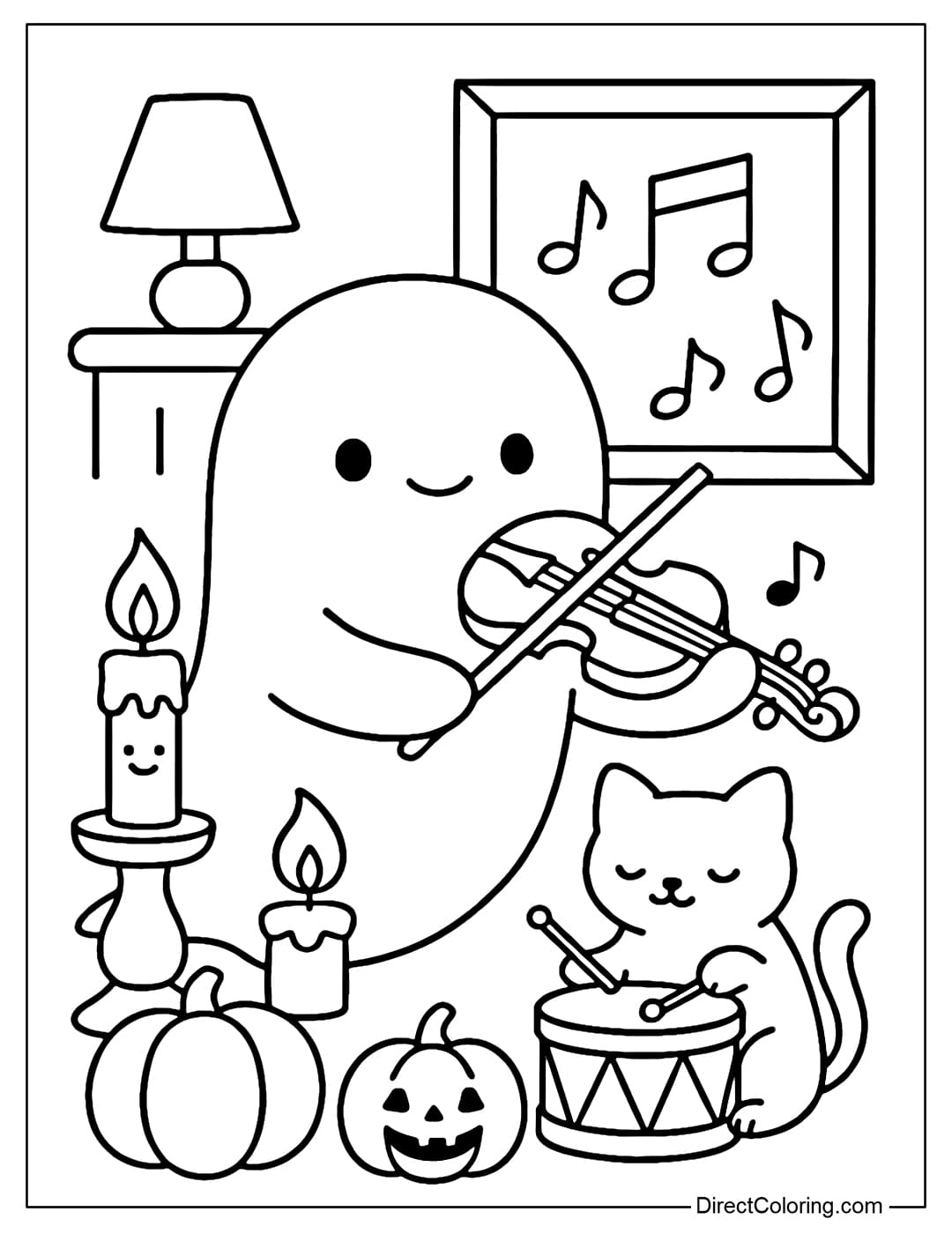 A music room coloring page, the ghost plays the violin, the cat plays the little drum, candles and pumpkin lanterns light up around them.